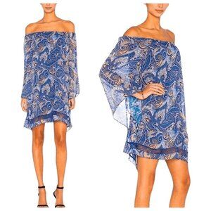 Alice + Olivia Blue Paisley Off-Shoulder Long Sleeve Dress S boho semi sheer